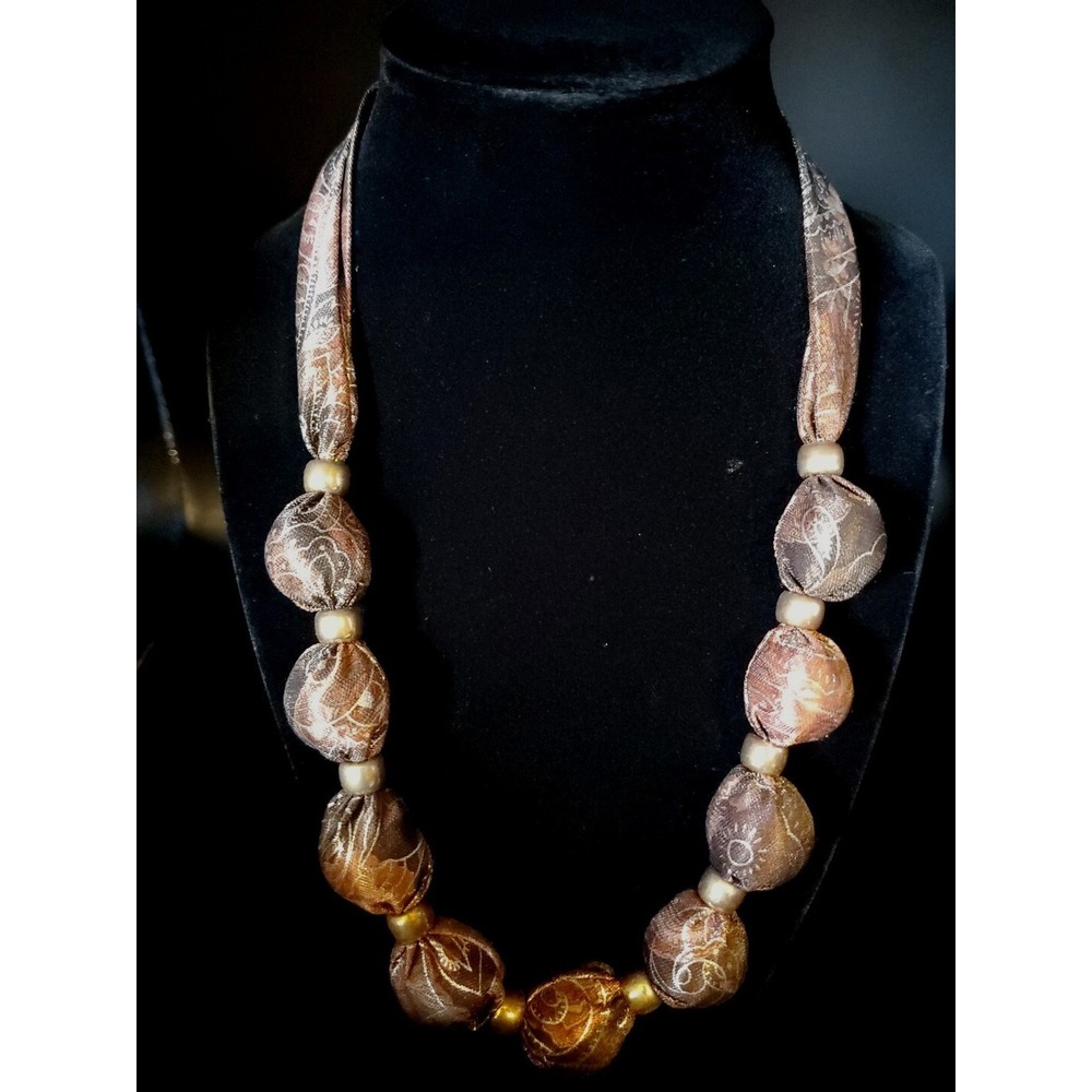 Vintage Beaded Scarf Necklace W/ Gold Bead Spacers & Metallic  & Gold Accents